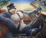  1boy 6suan abs animal_ears bara between_pectorals car_interior come_hither driving from_side furry furry_male grey_fur hat highres large_pectorals looking_at_viewer male_focus mature_male muscular muscular_male navel_hair nipples original peaked_cap pectorals seatbelt seductive_smile short_hair sitting smile solo stomach tail thick_eyebrows topless_male tsurime wolf_boy wolf_ears wolf_tail 