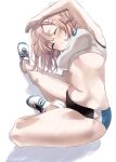  1girl arm_up armpits bare_arms bare_legs bare_shoulders black_buruma blue_eyes boku_to_kanojo_no_onani_life breasts buruma hair_ornament hairclip large_breasts long_hair looking_at_viewer midriff navel one_eye_closed parted_lips pink_hair ponpon_nun shoes simple_background sneakers solo sports_bra stomach stretching sweat thighs white_background white_footwear white_sports_bra 