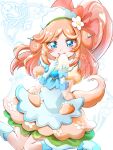  1girl animal_ears artist_name blue_eyes clear_glass_(mildmild1311) commentary_request delicious_party_precure dog_ears dog_girl dog_tail dress eating eyelashes flower food gloves hair_flower hair_ornament happy highres looking_at_viewer magical_girl medium_hair pam-pam_(precure) pam-pam_(precure)_(human) pam-pam_(precure)_(human)_(children&#039;s_lunch_dress) precure puffy_short_sleeves puffy_sleeves short_sleeves smile solo standing tail twitter_username 