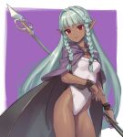  1girl aqua_hair braided_sidelock breasts cloak dark-skinned_female dark_elf dark_skin elf highleg highleg_leotard highres kawakami_rokkaku leotard light_smile long_hair looking_at_viewer parted_lips pointy_ears purple_cloak red_eyes rosalinde_(unicorn_overlord) small_breasts solo unicorn_overlord very_long_hair white_leotard 