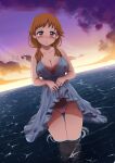  1girl :o blush breasts cleavage clothes_lift collarbone covered_nipples dress dress_lift dutch_angle highres horizon idolmaster idolmaster_cinderella_girls katagiri_sanae large_breasts lifted_by_self looking_at_viewer luu_(fppm8257) orange_hair outdoors panties pantyshot plunging_neckline reflection reflective_water refraction sleeveless sleeveless_dress solo sunset thigh_gap twilight twintails underwear wading 