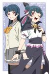  2022 2girls ;d black_capelet black_feathers black_scrunchie black_thighhighs blue_hair border bow bowtie bracelet capelet character_name closed_mouth dated feathers genjitsu_no_yohane grey_sailor_collar grey_skirt hair_bun happy_birthday hat_feather highres jewelry love_live! love_live!_sunshine!! miniskirt multiple_girls one_eye_closed pleated_skirt red_eyes red_feathers sailor_collar school_uniform scrunchie shirt short_hair short_sleeves single_side_bun skirt smile standing thighhighs tsushima_yoshiko uranohoshi_school_uniform vorupi white_border white_feathers white_shirt wrist_scrunchie yellow_bow yellow_bowtie yohane_(genjitsu_no_yohane) zettai_ryouiki 