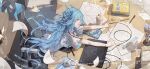  1girl alternate_costume ayanami_rei bare_arms blue_hair blush braid cable cameo chair character_doll chenmuo chinese_commentary commentary computer crying cup desk drawing_tablet drinking_straw eraser from_above from_side gaming_chair headgear highres keyboard_(computer) lamia_(punishing:_gray_raven) laptop leaning_forward making-of_available math miniskirt mouse_(computer) mousepad_(object) necktie on_chair open_mouth outstretched_arms paper pen pencil pleated_skirt profile punishing:_gray_raven red_necktie ruler school_uniform shirt short_sleeves skirt solo studying stylus swivel_chair tears textbook tile_floor tiles trigonometry white_shirt 