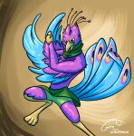 anthro avian avian_feet beak biped bird blue_body clothing feathered_crest feathered_wings feathers galliform green_eyes gyro_feather gyrotech head_crest hi_res male peafowl phasianid pink_body scarf scruffasus tail tail_feathers winged_arms wings