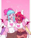  2girls :d abottleofstars arm_warmers belt blue_hair breasts choker closed_eyes colored_skin commentary cowboy_shot crop_top dark-skinned_female dark_skin demon_girl demon_horns demon_tail earrings english_commentary glasses hand_on_another&#039;s_shoulder hand_on_another&#039;s_waist happy_valentine heart heart-shaped_pupils highres horns jewelry large_breasts leg_tattoo long_hair midriff multiple_girls nail_polish navel navel_piercing necklace open_mouth original pants panty_straps piercing pink_background pink_nails pointy_ears red_hair red_nails round_eyewear shirt short_shorts shorts sidelocks smile symbol-shaped_pupils tail tattoo thighhighs valentine white_skin wings yuri 
