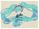  1girl absurdly_long_hair blue_hair blush_stickers chibi detached_sleeves floating_hair_ornament hatsune_miku headphones highres long_hair long_sleeves own_hands_clasped own_hands_together pleated_skirt sakuhana87 skirt solo twintails very_long_hair vocaloid 