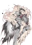  1boy 1girl absurdres arknights armor black_cape cape capelet fur-trimmed_capelet fur_trim gauntlets highres horns ling_s long_hair pink_hair short_hair theresis_(arknights) 