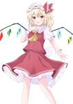  1girl :d absurdres arm_at_side ascot back_bow blonde_hair blush bow breasts bright_pupils ciruciru0810 commentary_request crystal eyebrows_hidden_by_hair fang feet_out_of_frame finger_to_mouth flandre_scarlet frilled_bow frilled_skirt frilled_sleeves frilled_wrist_cuffs frills hair_between_eyes hand_up hat hat_bow highres index_finger_raised long_hair looking_at_viewer medium_breasts mob_cap open_mouth puffy_short_sleeves puffy_sleeves red_bow red_eyes red_skirt red_vest shirt short_sleeves side_ponytail simple_background skin_fang skirt smile solo standing touhou vest white_background white_bow white_hat white_shirt wings wrist_cuffs yellow_ascot 