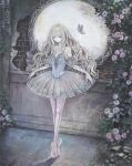  1girl acrylic_paint_(medium) artist_name ballet bare_shoulders bug butterfly closed_eyes crack cracked_wall dated detached_sleeves doll en_pointe flower highres long_hair original painting_(medium) solo standing sumireshisei tiptoes traditional_media tutu very_long_hair watermark wavy_hair 