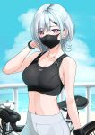  1girl absurdres bicycle black_mask cloud collarbone commentary english_text ground_vehicle highres looking_at_viewer midriff navel nonbire ocean original outdoors purple_eyes sky solo sports_bra white_hair 