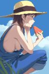  1girl bare_arms bare_shoulders blue_eyes blue_sky blush breasts brown_hair cacn closed_mouth cloud day feet_out_of_frame food freckles from_side fruit hand_on_own_cheek hand_on_own_face hat highres holding holding_food large_breasts naked_overalls original outdoors overalls pillow_hat short_hair sideboob signature sky solo squatting straw_hat watermelon watermelon_slice 