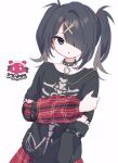  1girl ame-chan_(needy_girl_overdose) black_eyes black_hair collar detached_sleeves hair_ornament hair_over_one_eye hairclip kabe_(zp66104) long_hair long_sleeves nail_polish needy_girl_overdose open_mouth plaid plaid_skirt plaid_sleeves skeleton_print skirt solo spiked_collar spikes twintails x_hair_ornament 