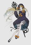  1girl abigail_williams_(fate) absurdres black_bow black_dress black_hat blonde_hair bloomers blue_eyes bow dress fate/grand_order fate_(series) floating_hair full_body grey_background gs999000 hair_bow heart highres holding holding_key key long_hair looking_at_viewer mary_janes multiple_hair_bows orange_bow oversized_object parted_bangs parted_lips polka_dot polka_dot_bow shoes simple_background sleeves_past_fingers sleeves_past_wrists smile solo 