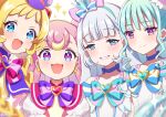  4girls aqua_bow aqua_bowtie aqua_hair aqua_hairband blonde_hair blue_bow blue_bowtie blue_choker blue_eyes blunt_bangs bow bowtie brooch choker closed_mouth commentary crown crown_earrings cure_friendy cure_lillian cure_nyammy cure_wonderful dress earrings grey_hair grin hair_bow hairband half-closed_eyes heart heart_brooch inukai_iroha inukai_komugi jewelry long_hair looking_at_viewer magical_girl mini_crown multicolored_eyes multicolored_hair multiple_girls nekoyashiki_mayu nekoyashiki_yuki open_mouth pink_bow pink_hair precure puffy_short_sleeves puffy_sleeves purple_bow purple_bowtie purple_eyes purple_hat red_bow red_bowtie red_dress short_sleeves side-by-side smile sparkle straight_hair twitter_username two-tone_hair two_side_up white_dress wonderful_precure! yellow_hairband yukinko_(yukiwork) 