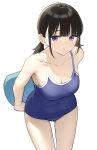  1girl :o absurdres arms_behind_back bangs black_hair blue_swimsuit breasts chestnut_mouth cleavage collarbone commentary_request competition_school_swimsuit covered_navel cowboy_shot highres kickboard leaning_forward light_blush looking_at_viewer low_twintails medium_breasts medium_hair mole mole_on_breast one-piece_swimsuit original parted_lips purple_eyes school_swimsuit sidelocks simple_background solo standing straight_hair sweatdrop swimsuit takenoko_no_you taut_clothes thighs twintails white_background 
