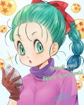  1girl blue_eyes blue_hair braid braided_ponytail brown_gloves bulma commentary_request dragon_ball dragon_ball_(classic) dragon_ball_(object) dragon_radar gloves gradient_background hair_pulled_back hair_ribbon high_ponytail highres holding long_hair looking_at_viewer open_mouth pink_shirt qoo1234 red_ribbon ribbon shirt signature solo sparkle turtleneck upper_body 