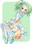  1girl :3 :d bad_id bad_twitter_id blue_dress blue_footwear blue_ribbon border dress easter easter_egg egg egg_print frilled_dress frills full_body green_background green_hair high_heels highres kiratto_pri_chan long_hair looking_at_viewer neck_ribbon open_mouth outside_border parted_bangs pretty_series print_dress rabbily_(kiratto_pri_chan) red_eyes ribbon shiyurinpu shoes smile socks solo star-shaped_pupils star_(symbol) symbol-shaped_pupils twintails white_border white_socks wrist_cuffs 