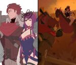  1boy 1girl bare_shoulders breasts cleavage diamant_(fire_emblem) dress ebinku elbow_gloves fascinator fire_emblem fire_emblem_engage flat_color flower gloves hair_ornament ivy_(fire_emblem) large_breasts long_hair looking_at_viewer mole mole_under_mouth multicolored_hair purple_eyes purple_hair red_hair rose short_hair two-tone_hair white_gloves 