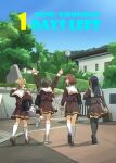  4girls ^_^ ahoge arms_up bag bag_charm black_bag black_footwear black_hair black_thighhighs brown_footwear brown_hair brown_serafuku brown_shirt brown_skirt building charm_(object) closed_eyes commentary_request countdown day from_behind fuyuhino hibike!_euphonium highres katou_hazuki kawashima_sapphire kitauji_high_school_uniform kneehighs kousaka_reina light_brown_hair long_hair long_sleeves multiple_girls open_mouth oumae_kumiko outdoors pleated_skirt sailor_collar school_bag school_uniform serafuku shirt short_hair shoulder_bag skirt socks standing standing_on_one_leg thighhighs tree white_footwear white_sailor_collar white_socks zettai_ryouiki 