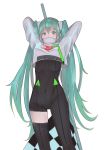  1girl absurdres arms_up black_bodysuit bodysuit checkered_flag covered_mouth covered_navel cropped_jacket flag green_eyes hatsune_miku highres holding holding_flag jacket long_hair looking_at_viewer race_queen racing_miku racing_miku_(2022) ranico simple_background solo twintails very_long_hair vocaloid white_background white_jacket 