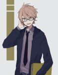  1boy belt book brown_eyes brown_hair collared_shirt glasses hand_on_own_head holding holding_book hood hoodie long_sleeves maco22 male_focus necktie open_mouth original shirt short_hair smile solo sweat 