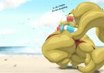 absurd_res anthro beach big_butt blush butt clothed clothing digital_media_(artwork) female floatzel flotation_device fur generation_4_pokemon hi_res huge_butt mop_(artist) nintendo overweight overweight_anthro pawpads paws pokemon pokemon_(species) solo tail text thick_thighs