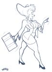 2024 anthro artist_name big_breasts black_nose blazer bottomwear bow_tie breasts briefcase canid canine canis clothed clothing diraulus disney domestic_dog ear_piercing ear_ring eyebrows eyelashes female footwear fully_clothed gesture goof_troop guide_lines hair hi_res high_heels mammal miniskirt monochrome open_mouth open_smile peg_pete piercing ring_piercing shirt shoes short_hair simple_background sketch skirt smile solo topwear waving white_background