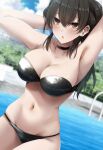  1girl armpits arms_up bangs bikini black_bikini black_choker black_hair blurry blurry_background blush breasts brown_eyes check_commentary choker cleavage commentary_request ear_piercing konata_(kankin_jk) large_breasts long_hair mishiranu_joshikousei_ni_kankin_sareta_mangaka_no_hanashi navel outdoors parted_lips piercing pool ryouma_(galley) solo swimsuit water 