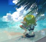  1girl bare_arms bare_shoulders barefoot beach black_shorts black_sports_bra blonde_hair blue_sky butt_crack cloud day food from_behind fruit gradient_hair holding holding_food holding_fruit holding_watermelon indian_style inkling inkling_girl inkling_player_character koike3582 multicolored_hair ocean outdoors pointy_ears purple_hair short_hair shorts single_vertical_stripe sitting sky solo sports_bra tentacle_hair two-tone_hair water watermelon 