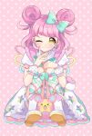  &gt;_&lt; 1girl :3 :d ;) bad_id bad_twitter_id blue_bow bow commentary_request double_bun dress earrings frilled_dress frills full_body hair_bow hair_bun highres idol_clothes inactive_account jewelry kiracchu_(pri_chan) kiratto_pri_chan knees_up looking_at_viewer mascot one_eye_closed pink_background pink_hair polka_dot polka_dot_background pretty_series shiyurinpu shoe_soles sitting smile solo star-shaped_pupils star_(symbol) star_earrings symbol-shaped_pupils v wrist_cuffs xd yellow_eyes 