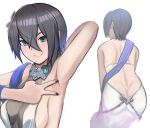  1girl armpit_focus armpits ass back_focus backless_dress backless_outfit bangs bare_arms bare_shoulders blue_eyes blue_gemstone blue_scarf blush breasts butt_crack cellix center_opening dimples_of_venus dress flower from_behind gem girls&#039;_frontline grey_hair hair_between_eyes hair_flower hair_ornament hand_on_back highres leaning_forward looking_at_viewer median_furrow medium_breasts p22_(girls&#039;_frontline) p22_(waltz_of_fantasy)_(girls&#039;_frontline) presenting presenting_armpit scarf shoulder_blades sideboob smile solo spread_armpit standing v-shaped_eyebrows white_dress 