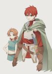  1boy 1girl adol_christin armor blue_eyes brown_gloves cape cropped_torso george_man gloves green_cape green_shirt grey_eyes hair_between_eyes hand_on_own_hip headband highres leather leather_gloves looking_at_viewer orange_hair red_hair sheath sheathed shirt short_hair simple_background sleeveless sleeveless_shirt sword terra_(ys) weapon white_background ys ys_v:_kefin_the_lost_city_of_sand 