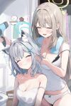  2girls bare_shoulders blonde_hair blue_archive blush breasts cleavage grey_hair highres houraku large_breasts long_hair multiple_girls nonomi_(blue_archive) open_mouth shiroko_(blue_archive) smile 