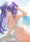  1girl absurdres arm_support arm_up bikini blue_archive breasts cleavage frilled_bikini frills highres large_breasts long_hair looking_at_viewer ocean outdoors purple_eyes purple_hair r_aeel side-tie_bikini_bottom sitting sky solo swimsuit two_side_up white_bikini yuuka_(blue_archive) 