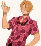  1boy ^_^ arm_up blonde_hair cigarette closed_eyes commentary cowboy_shot curly_eyebrows facial_hair goatee goggles goggles_around_neck highres holding holding_cigarette konekomarururu male_focus one_piece pink_shirt sanji_(one_piece) shirt short_hair simple_background solo symbol-only_commentary 