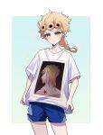  1boy birthmark blue_shorts braid braided_ponytail chuchumimipupu commentary_request contrapposto cowboy_shot dio_brando giorno_giovanna highres joestar_birthmark jojo_no_kimyou_na_bouken male_focus photo_(object) shirt shorts single_braid smile solo sparkle t-shirt v-shaped_eyebrows vento_aureo white_shirt 