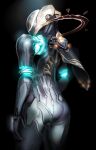 1girl ass black_bow bodysuit bow commentary_request facing_away from_behind glowing grey_bodysuit highres kuro_kosyou mag_(warframe) side_cape solo warframe 