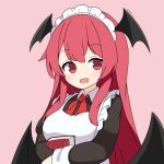  1girl :d alternate_costume apron bat_wings black_dress black_wings blush book bow breasts commentary_request dot_nose dress enmaided eyelashes frilled_apron frills hair_between_eyes head_wings highres holding holding_book hugging_book hugging_object koakuma long_hair long_sleeves looking_at_viewer looking_to_the_side low_wings maid medium_breasts nezuki_ini pink_background red_bow red_eyes red_hair sidelocks simple_background smile solo split_mouth touhou twitter_username upper_body white_apron wings 