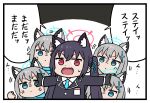  2girls anger_vein animal_ear_fluff animal_ears blue_archive cat_ears extra_ears fang gloves grey_hair hair_ornament hairclip halo highres long_hair multiple_girls open_mouth parody poptepipic red_eyes serika_(blue_archive) shiroko_(blue_archive) skin_fang twintails washin wolf_ears 