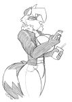 2024 anthro big_breasts breasts clothed clothing electronics female hi_res holding_object holding_phone jacket mammal monochrome on_phone phone procyonid raccoon simple_background solo tail topwear trish_(winter) wintermadness