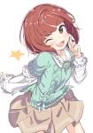  1girl :3 blunt_bangs blush brown_skirt character_name cowboy_shot dot_nose finger_to_cheek frilled_shirt frilled_shirt_collar frills green_sweater idolmaster idolmaster_million_live! idolmaster_million_live!_theater_days kuresuku_(lessons) long_sleeves looking_at_viewer nonohara_akane official_alternate_costume official_alternate_hairstyle one_eye_closed red_eyes red_hair shirt short_hair sidelocks simple_background skirt smile solo starry_background straight_hair sweater v-shaped_eyebrows white_background white_shirt 
