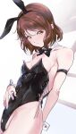  1girl absurdres alternate_costume animal_ears arm_behind_back bare_legs black_bow black_bowtie black_leotard bow bowtie breasts brown_eyes brown_hair cleavage collar cross-laced_leotard detached_collar fake_animal_ears hand_on_own_stomach head_tilt hibike!_euphonium highleg highleg_leotard highres kuziaaizuk leotard looking_at_viewer oumae_kumiko pink_nails playboy_bunny rabbit_ears short_hair small_breasts solo wavy_hair white_background white_collar white_wrist_cuffs wrist_cuffs 