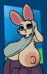 anthro big_breasts blue_eyes breasts brown_body clothed clothing clothing_lift female hi_res huge_breasts lagomorph leporid looking_at_viewer mammal overalls playbonnie3 rabbit shirt shirt_lift silvie_(tbg) solo the_bunny_graveyard topwear