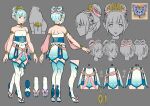  1girl absurdres armlet bare_shoulders boots braid concept_art digitigrade ena_(monster_hunter) fewer_digits gold_armlet grey_background hair_ornament hair_ribbon highres jewelry legiana monster_hunter_(series) monster_hunter_stories_2 official_art pink_ribbon pointy_ears ribbon short_hair simple_background skirt thigh_boots 