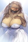  2022 absurd_res anthro big_breasts blue_eyes blush breasts brown_body brown_fur brown_hair canid canine canis cleavage clothed clothing cute_fangs digit_ring domestic_dog dress female floppy_ears fur hair hair_over_eyes hi_res huge_breasts jewelry kemono looking_at_viewer mammal ring solo suurin_2 tan_body tan_fur wedding_dress wedding_ring wedding_veil 