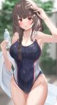  1girl :o absurdres armpits blush bottle braid breasts brown_hair cameltoe cleavage collarbone competition_school_swimsuit covered_navel hair_between_eyes highres large_breasts long_hair looking_at_viewer original red_eyes school_swimsuit solo swimsuit toratora_(nanahaba) towel water_bottle wet 