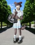 anthro bag beastars belt black_bag black_clothing black_footwear black_nose black_shoes blue_sky bottomwear breasts brown_body canid canine canis claws clothed clothing fangs female footwear hi_res juno_(beastars) kisuzu_rumina mammal plant purple_eyes road shoes skirt sky smile socks solo tail teeth tree uniform white_bottomwear white_clothing white_footwear white_skirt white_socks white_uniform wolf yellow_belt