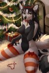 absurd_res anthro black_body black_fur bow_ribbon breasts candy canid canine christmas christmas_clothing clothing dessert female flaich food fox fur gift hand_on_leg hi_res holidays legwear licking lights lollipop mammal sitting solo stockings tongue white_body white_fur ysera_(dannoitanart)