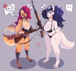anthro big_breasts bikini black_hair bone breasts canid canine cleavage clothed clothing disembodied_head duo female frinn front_view fur glistening glistening_breasts gun hair hi_res holding_gun holding_object holding_ranged_weapon holding_rifle holding_weapon hyena mammal ranged_weapon rifle skull skull_dog_(tianiseul) skull_head smile spotted_hyena standing swimwear teeth tianiseul weapon white_body white_fur
