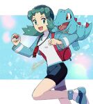  1girl :d alternate_color aqua_eyes aqua_hair backpack bag bangs bike_shorts blue_footwear blue_headwear blue_jacket blue_shorts breasts cropped_jacket eyelashes hat holding_strap jacket kris_(pokemon) looking_at_another multicolored_background pokegear pokemon pokemon_(game) pokemon_masters_ex red_bag running sagemaru-br shirt shorts signature small_breasts smile totodile twintails white_shirt 